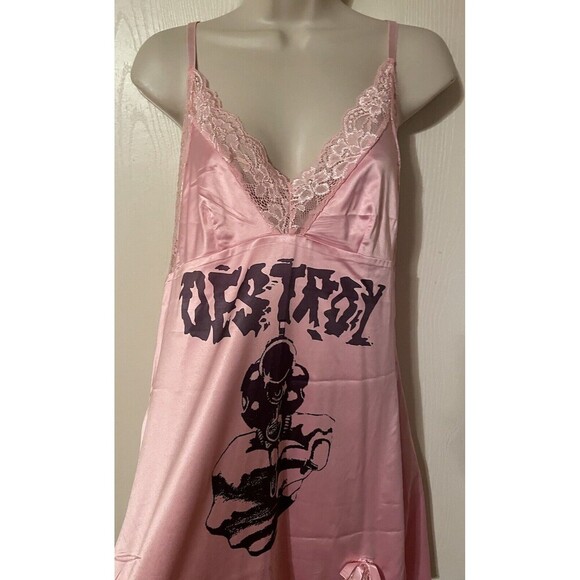 Vintage Arcane Destroy Havoc Logo Pink Satin Lace Slip Dress Nightgown - Picture 4 of 15